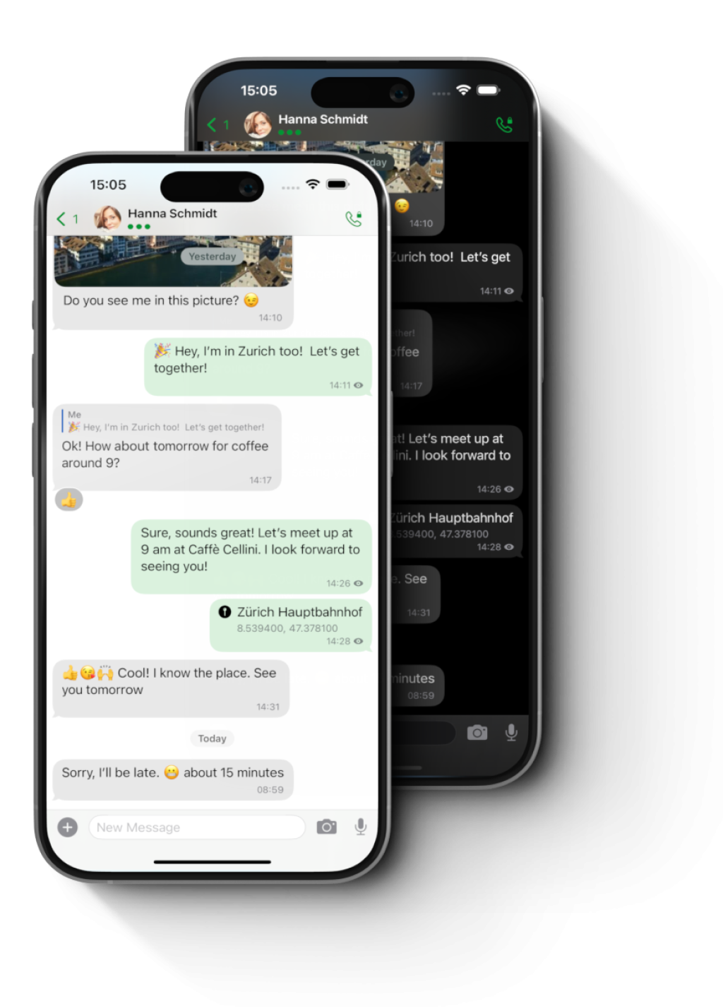 Smartphones avec chats Threema Private clair et sombre.